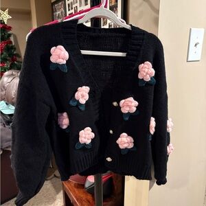 Black Cardigan with Pink Floral Accents